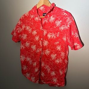 Vibrant Salmon Pink Button down with white palm trees. Trunks Surf and swim co.